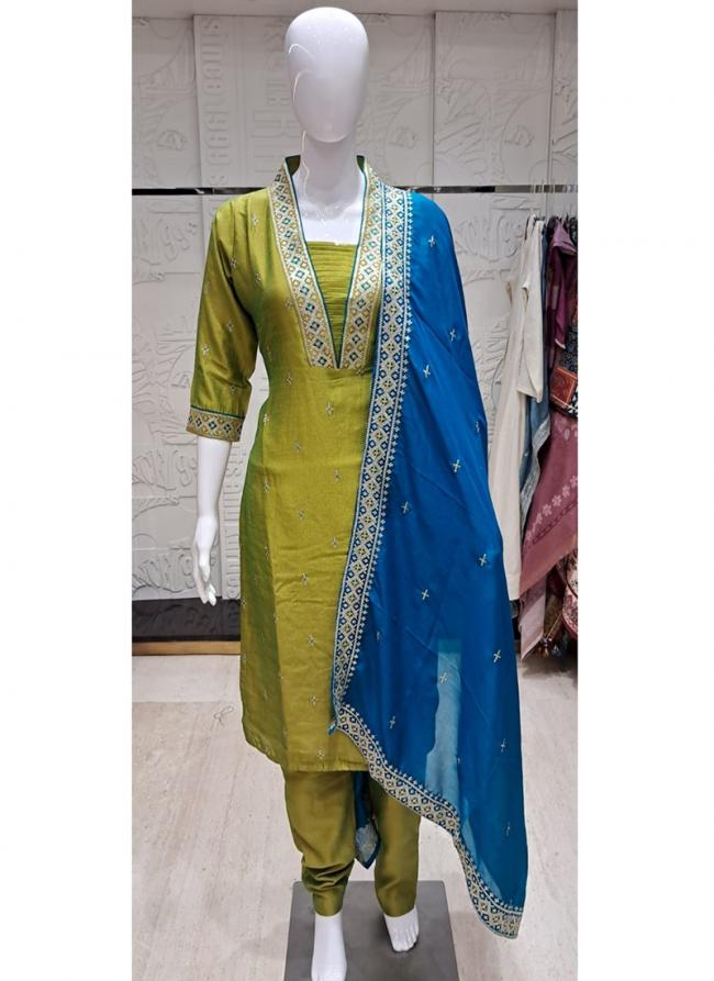 Vichitra Silk Mehendi Green Wedding Wear Sequins Work Readymade Salwaar Suit